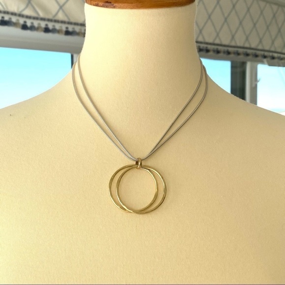 NWT Marjorie Baer Hammered Brass Circle Pendant Necklace Sterling Silver Chain - Picture 2 of 7